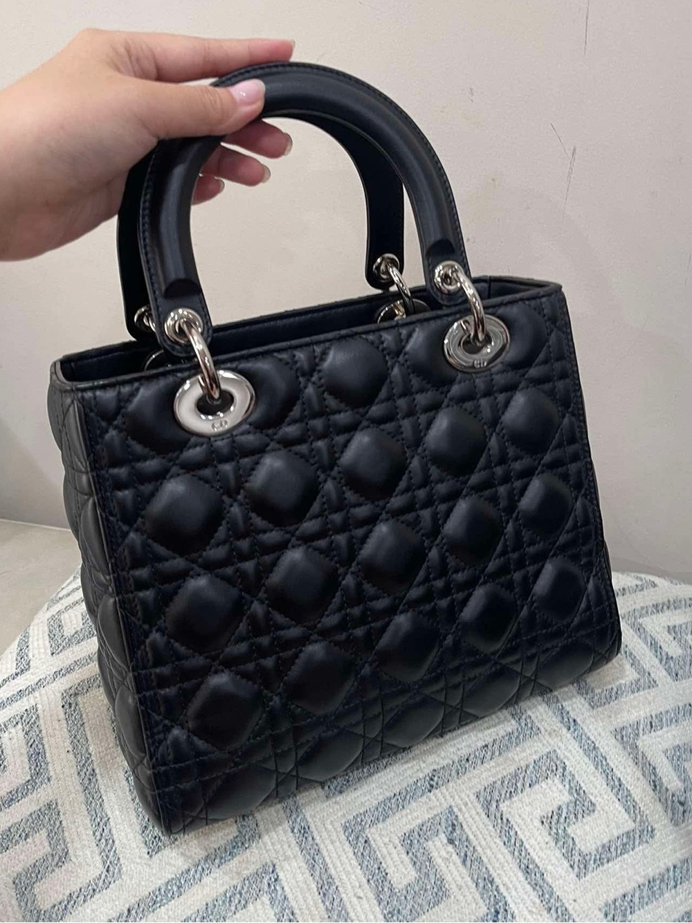 Dior Lady Dior Black Leather Tote Handbag Silver Hardware Size Medium - Picture 3 of 13